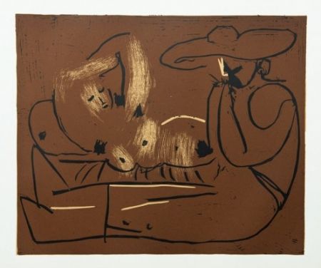 Гравюра Picasso - Femme couchée et homme au grand chapeau