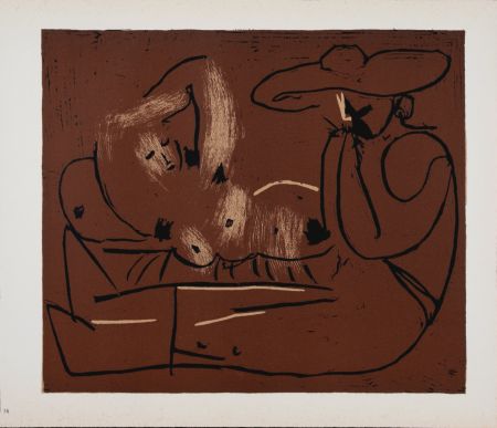 Линогравюра Picasso (After) - Femme couchée et homme au grand chapeau, 1962