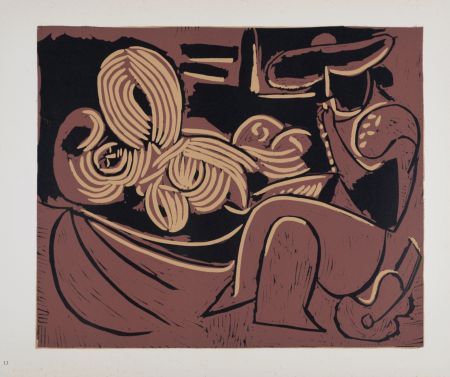 Линогравюра Picasso (After) - Femme couchée et homme à la guitare, 1962