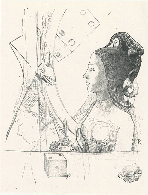 Литография Redon - Femme de profil, coiffée d'un hénin
