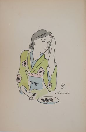 Гравюра Foujita - Femme en kimono se coiffant