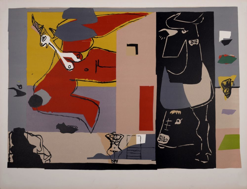 Литография Le Corbusier - Femme Unicorn et taureau noir (licorne ailée), 1960