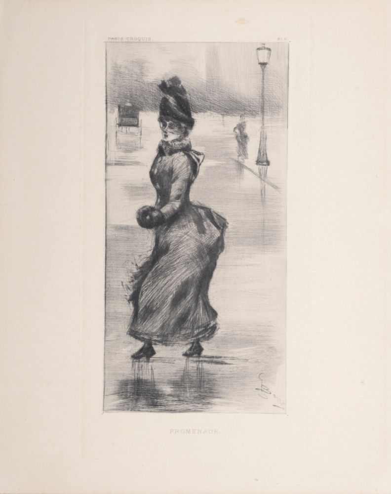 Гравюра Сухой Иглой Boutet - Femme élégante, Promenade à Paris, c. 1890