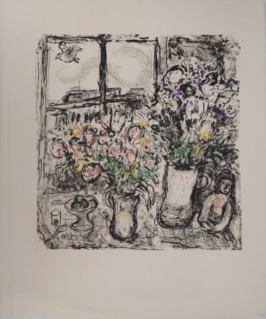 Литография Chagall - Fleurs devant la fenêtre