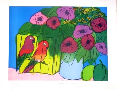 Литография Ting - Fleurs et perroquets