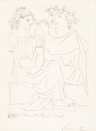 Гравюра Picasso - Flûtiste et Jeune Fille au Tambourin (Flutist and Tambourine girl) from the Vollard Suite, 1934