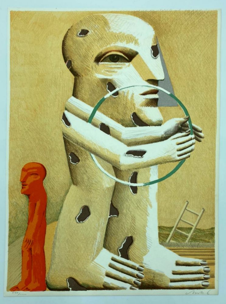 Литография Antes - Gefleckte Figur mit Reif, kleiner Figur und Leiter