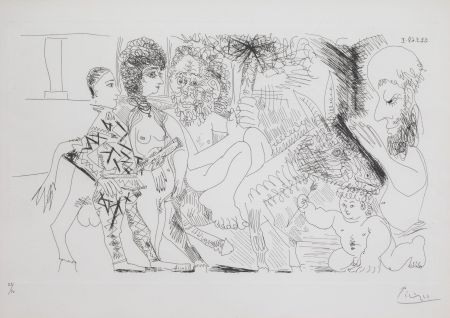Гравюра Picasso - Groupe avec Vieillard à la Torche sur un Ane Amoureux, Femme et Arlequin, (Bloch. 1484; Ba. 1499)