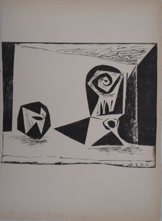 Литография Picasso - Hommage à Cézanne : Pomme et verre à pied