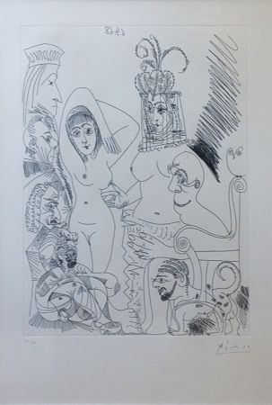 Офорт Picasso - Homme barbu songeant à une scène des Mille et une nuits, avec derrière lui des ancêtres réprobateurs