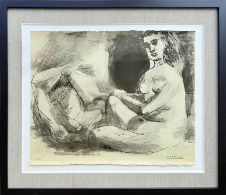 Литография Picasso - Homme couché et femme assise