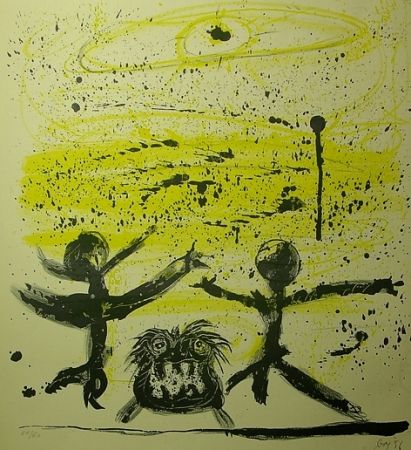 Литография Baj - Il cielo era giallo e due personaggi danzavano col loro cane