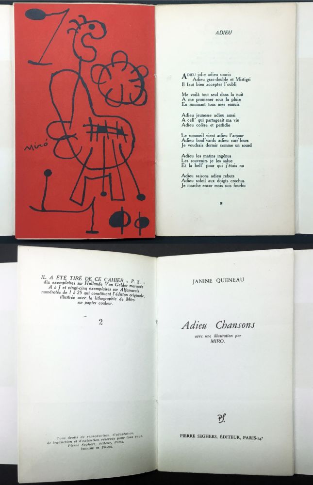 Иллюстрированная Книга Miró - Janine Queneau : ADIEU CHANSONS. Avec une illustration par Miro (1951).