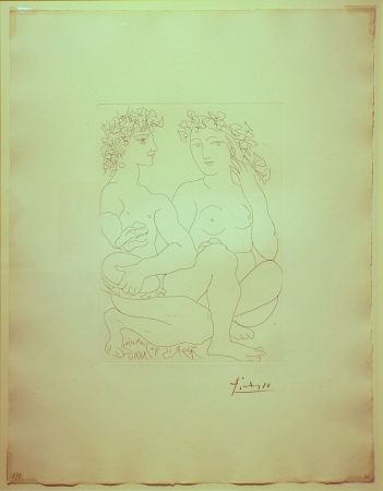 Гравюра Picasso - Jeune Couple,Accroupi,l'Homme avec un tambourin