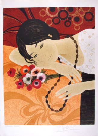Литография Ganne - Jeune femme au bouquet