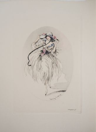Гравюра Icart - Jeune femme au chapeau paré de roses