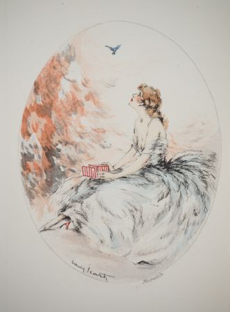 Гравюра Icart - Jeune femme et l’oiseau libéré
