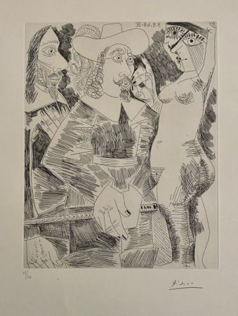 Офорт Picasso - Jeune femme tirant la moustache d'un gentilhomme en train de tortiller son jonc 