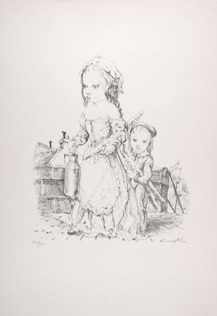 Литография Foujita - Jeune fille et l'Enfant à la baguette et au pot, 1954 - Hand-signed