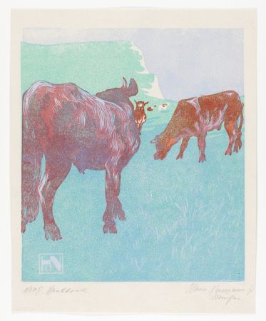 Гравюра На Дереве Neumann - Jungbullen auf der Weide (Young bulls in the pasture)