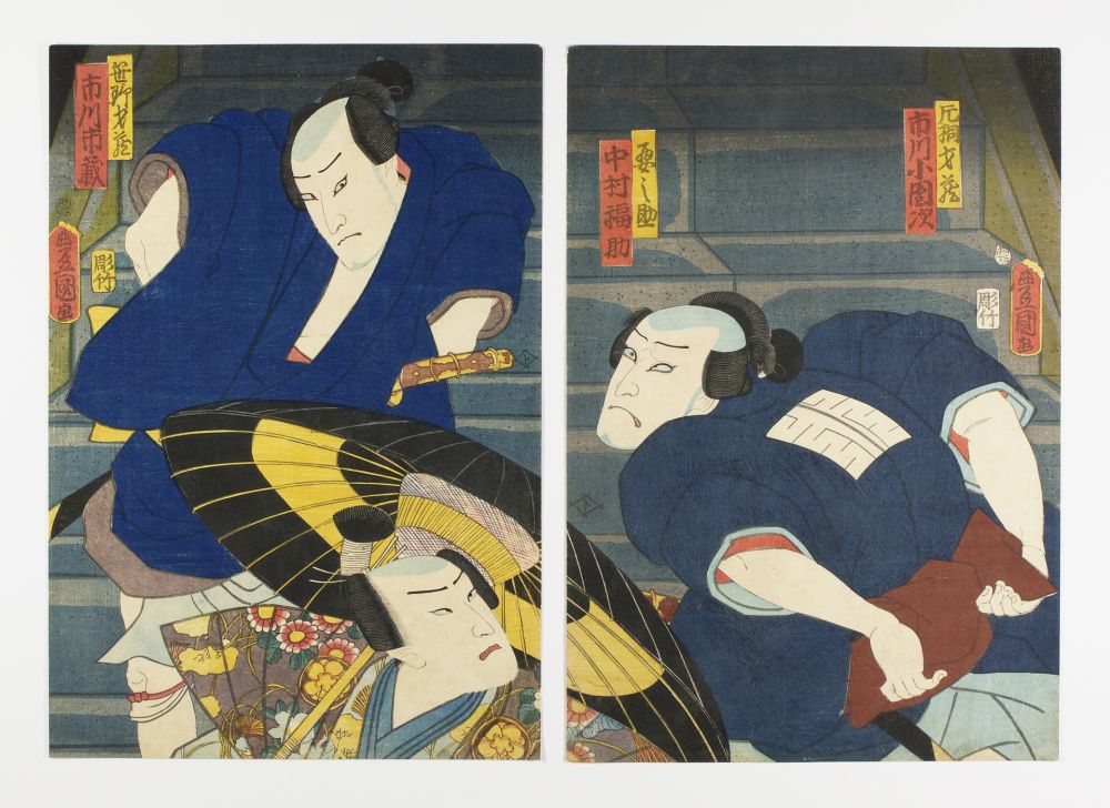 Гравюра На Дереве Kunisada - Kabuki theatre scene (Katagiri Saizō confronting Sasano Seizō on a staircase)