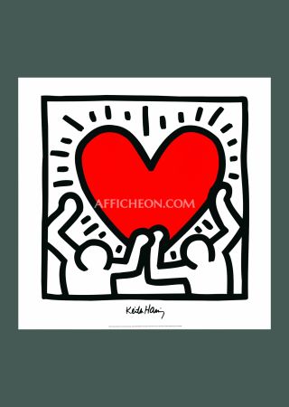 Литография Haring - Keith Haring: 'Untitled (Figures with Red Heart)' 1988 Offset-lithograph