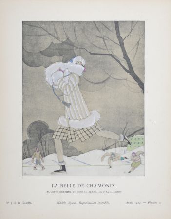 Литография Martin - La Belle de Chamonix, Jaquette hermine et renard blanc de Max-A. Leroy, 1924