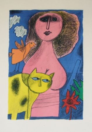 Литография Corneille - La femme au chat jaune