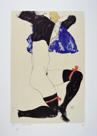 Литография Schiele - La fille aux bas noirs et jarretières rouges, 1913 | The girl with black stockings and red garters, 1913