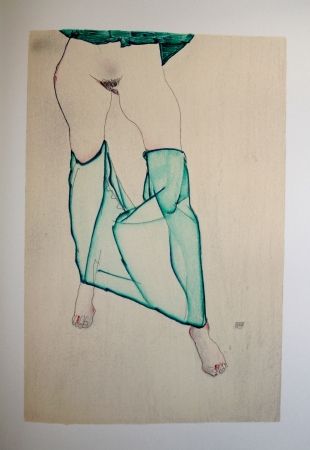 Литография Schiele - LA FILLE AUX BAS VERTS / THE GIRL IN THE LOW GREEN - Lithographie / Lithograph - 1913