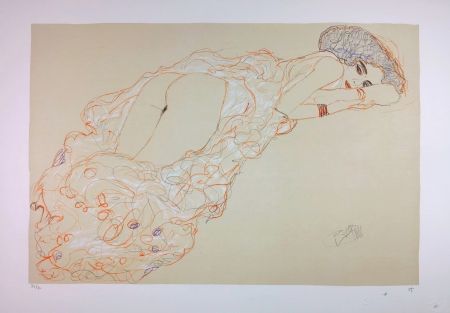 Литография Klimt - La fille en robe longue / Reclining Nude Lying on Her Stomach and Facing Right / Auf dem Bauch liegender Halbakt nach rechts - 1910 