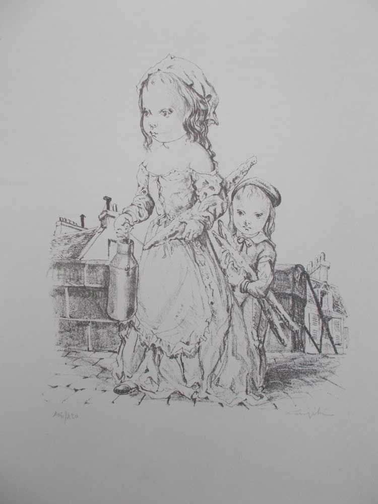 Литография Foujita - La fille et l'enfant à la baguette de pain et au pot de lait