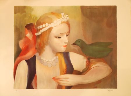 Литография Laurencin - La jeune fille à l'oiseau