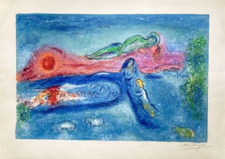 Литография Chagall - LA MORT DE DORCON, signée à grandes marges (Daphnis et Chloé - 1961)