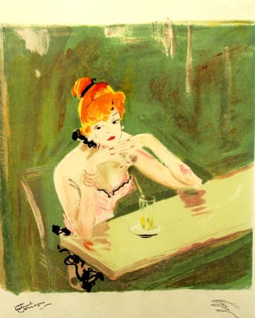 Литография Domergue - La  Parisienne  Mauricette Au Cafe Caumartin