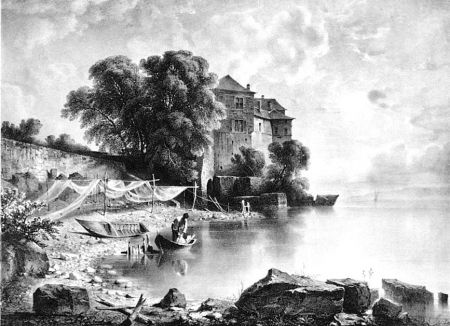 Литография Fontanesi - Le château de Glérolles (Lac de Genève)