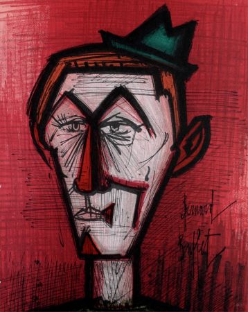 Литография Buffet - Le clown au fond rouge, 1967.
