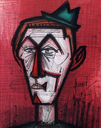 Литография Buffet - Le Clown sur fond rouge, 1967