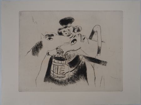 Гравюра Chagall - Le cocher et ses chevaux (Le cocher donne à manger à ses chevaux)