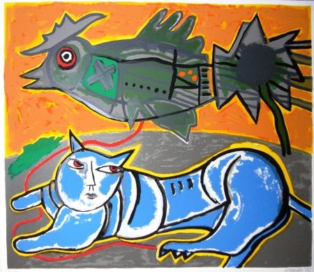 Сериграфия Corneille - Le grand chat bleu et l'oiseau