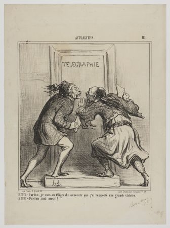 Литография Daumier - LE GREC - Pardon, je vais au télégraphe annoncer que j'ai remporté une grande victoire. LE TURC - Pardon, moi aussi! 