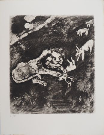 Гравюра Chagall - Le lion fourbe (La Génisse, la Chèvre, et la Brebis, en société avec le Lion)