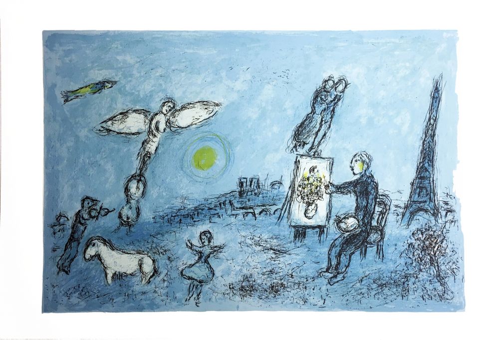 Литография Chagall - LE PEINTRE ET SON DOUBLE (Épreuve à plat sur Arches). 1981.