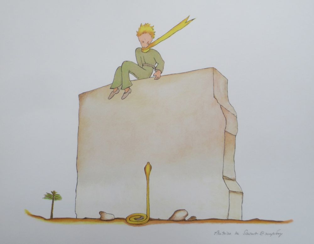 Литография Saint-Exupéry - Le petit prince et le serpent au pied du mur