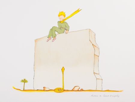Литография Saint-Exupéry - Le Petit Prince et le serpent au pied du mur
