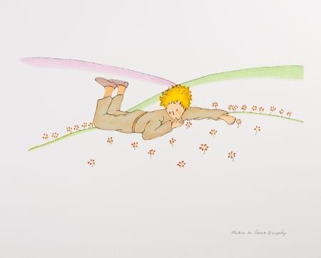 Литография Saint-Exupéry - Le Petit Prince parmi les fleurs