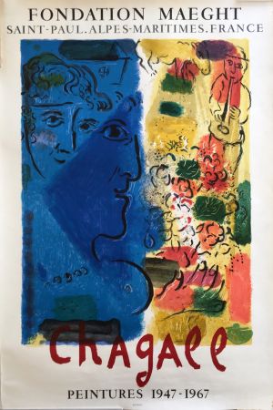 Литография Chagall - LE PROFIL BLEU (1967) Affiche d'exposition. Lithographie originale.