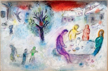 Литография Chagall - LE REPAS CHEZ DRYAS (de la suite Daphnis & Chloé - 1961)