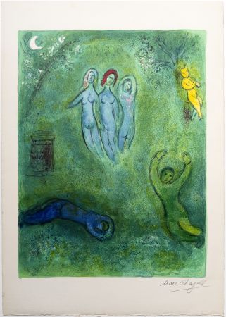 Литография Chagall - Le songe de Daphnis et les Nymphes (Daphnis' dream and the nymphs)  de la suite Daphnis et Chloé. 1961.