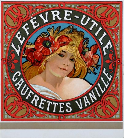 Литография Mucha - Lefèvre-Utile, Gaufrettes vanille - Lithograph enhanced with golden ink (Very scarce!)